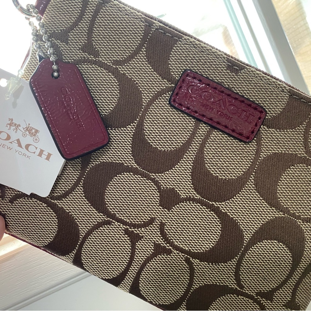 Coach Brown Khaki and Crimson Signature Wristlet